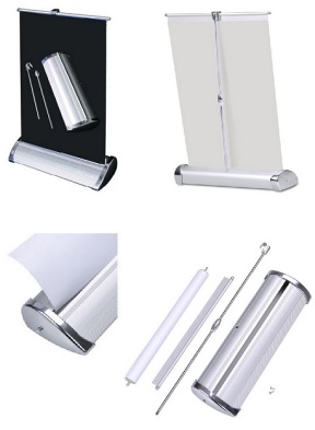 Table top sized rollup retractable stand